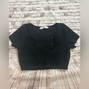 Adika Black Short Sleeve Crop Top with button Accent Neckline Size Small